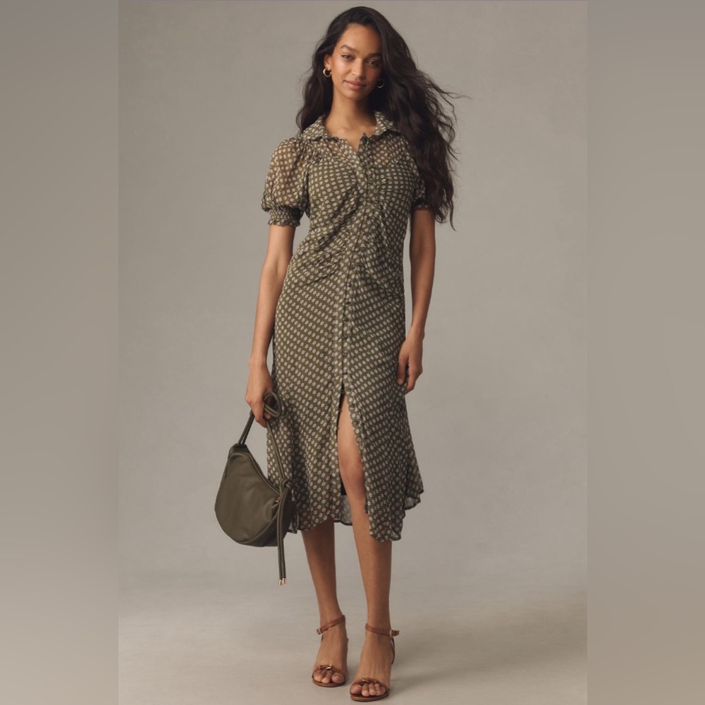 ✨ Anthropologie Puff-Sleeve Ruched Mesh Midi Shirt Dress Sz 10